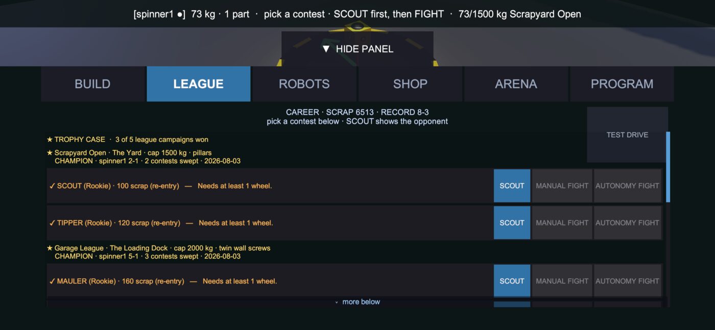 Robot Brawl league screen with trophy case