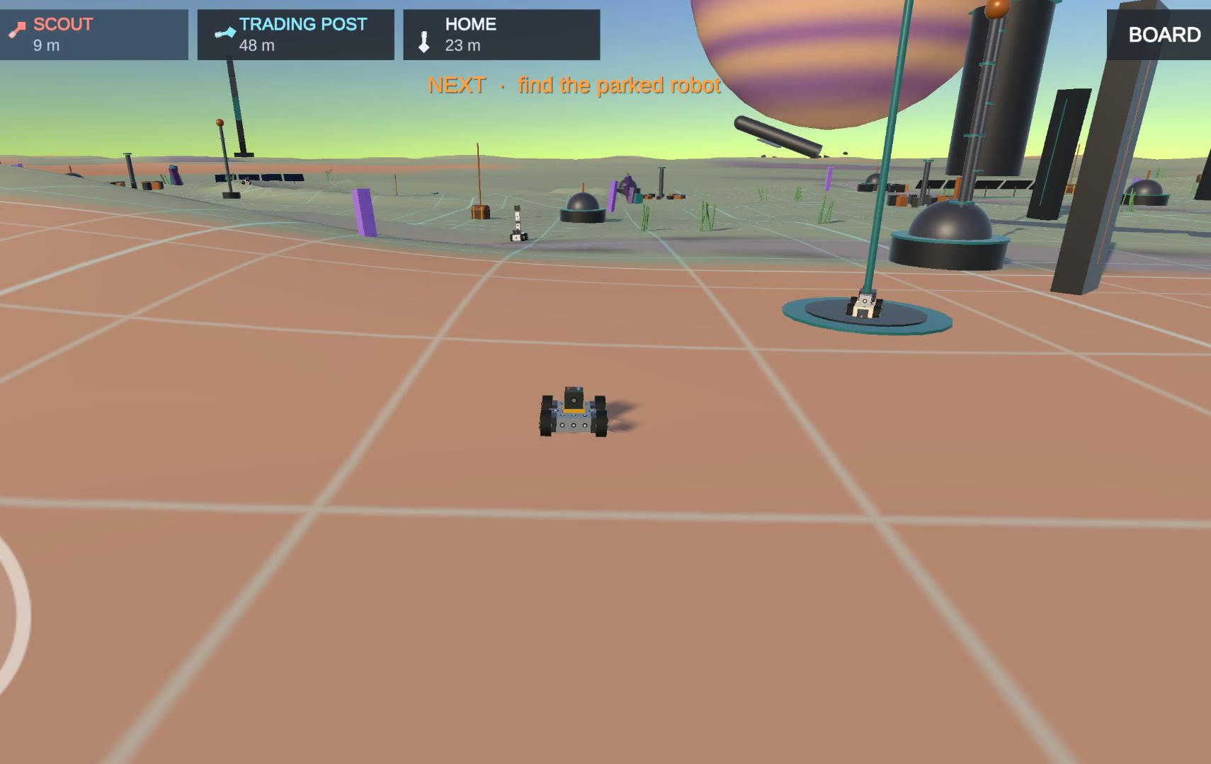 Driving across the plain toward distant structures under a ringed planet