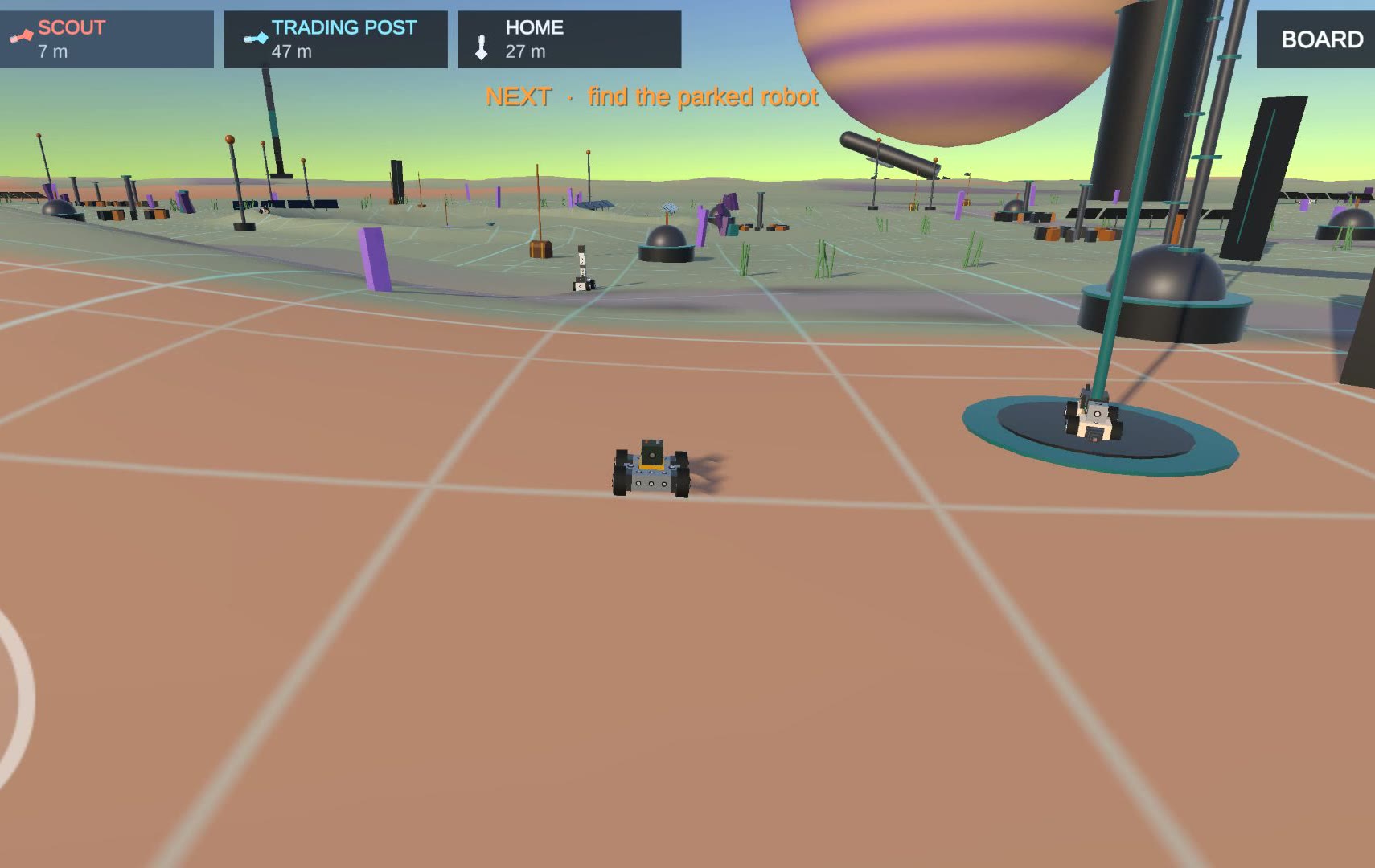 A parked robot on a raised pad across the plain