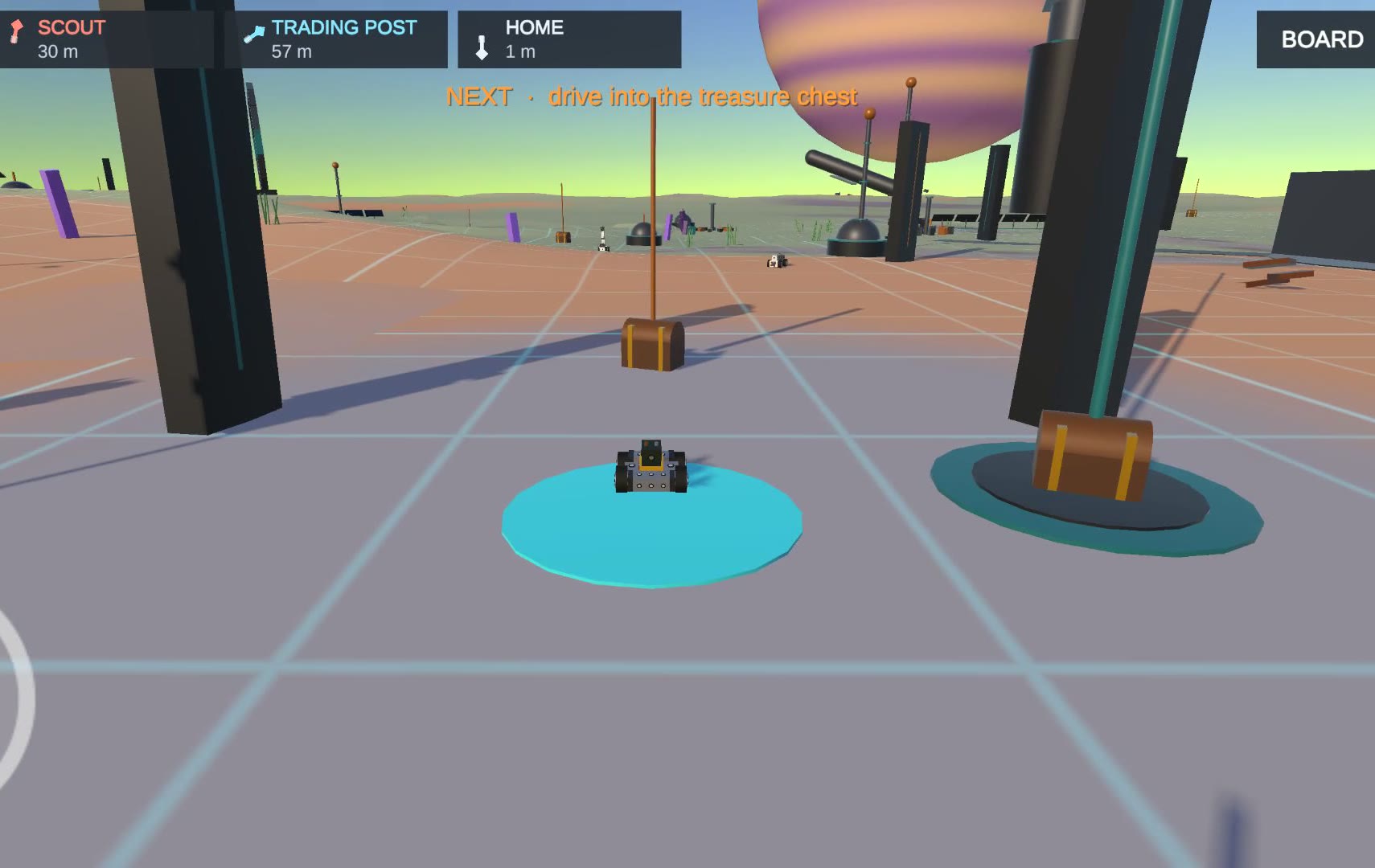 The rookie robot on a lit home pad, a treasure chest ahead and a ring gate on the horizon